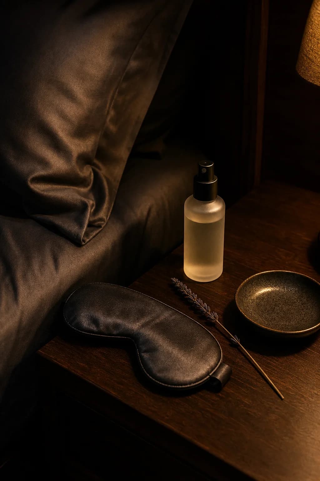 Bedside table lit by warm lamplight with silk eye mask and pillow mist